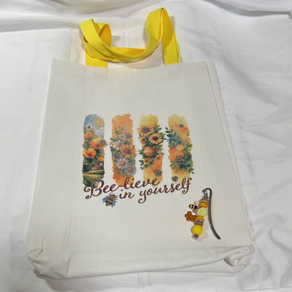 Floral Canvas Tote Bag with Yellow Handles and Bookmark